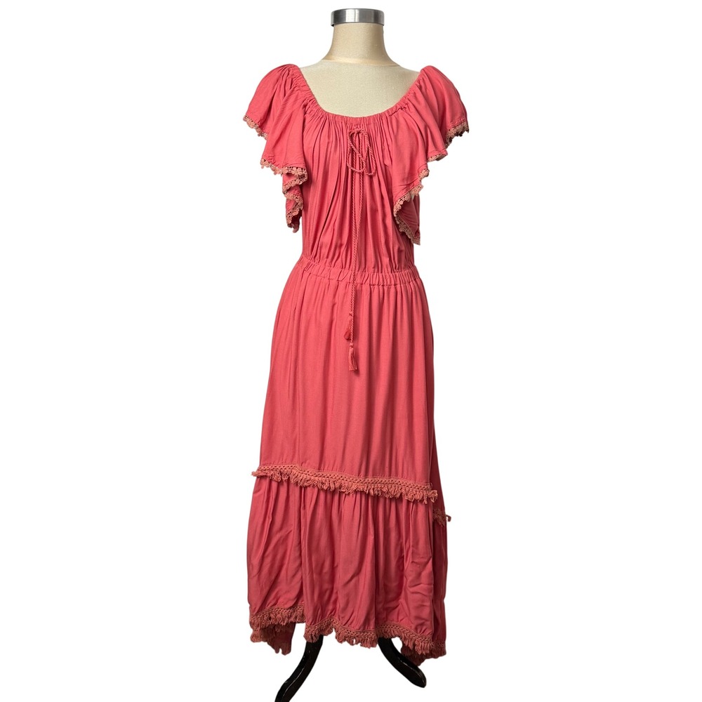 Tokyo Talkies XL Coral Pink Boho Tiered Maxi Dress Crochet Fringe